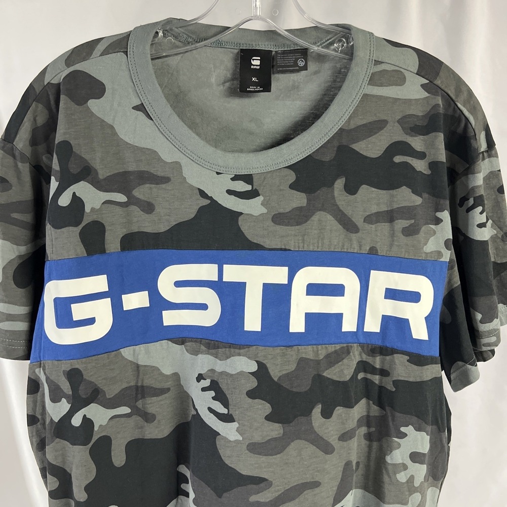 G Star Raw T-Shirt Men XL Green Blue Camo‎ Spell Out Logo Pharrell Williams